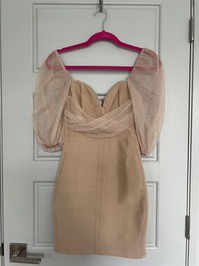 Beige Mesh off the shoulder, bandage Dress